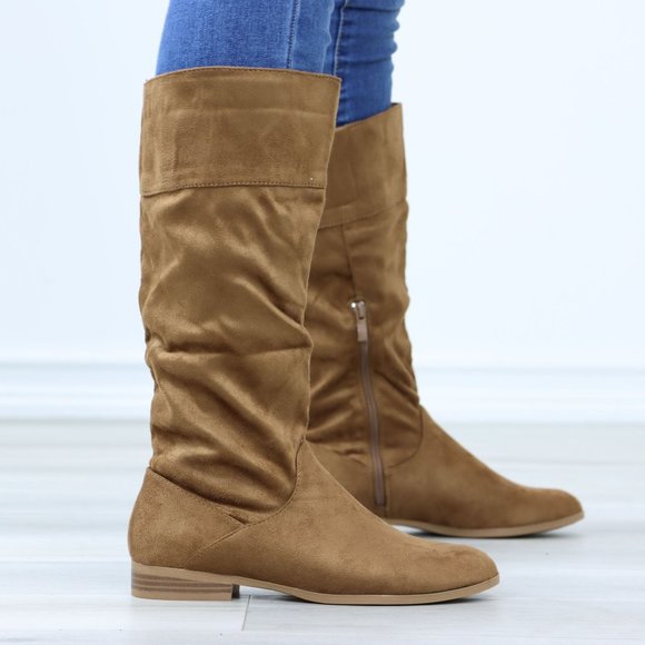 Tan Low Heel Boots Round Toe Above Ankle Mid-Calf Booties Faux Suede - Picture 4 of 12